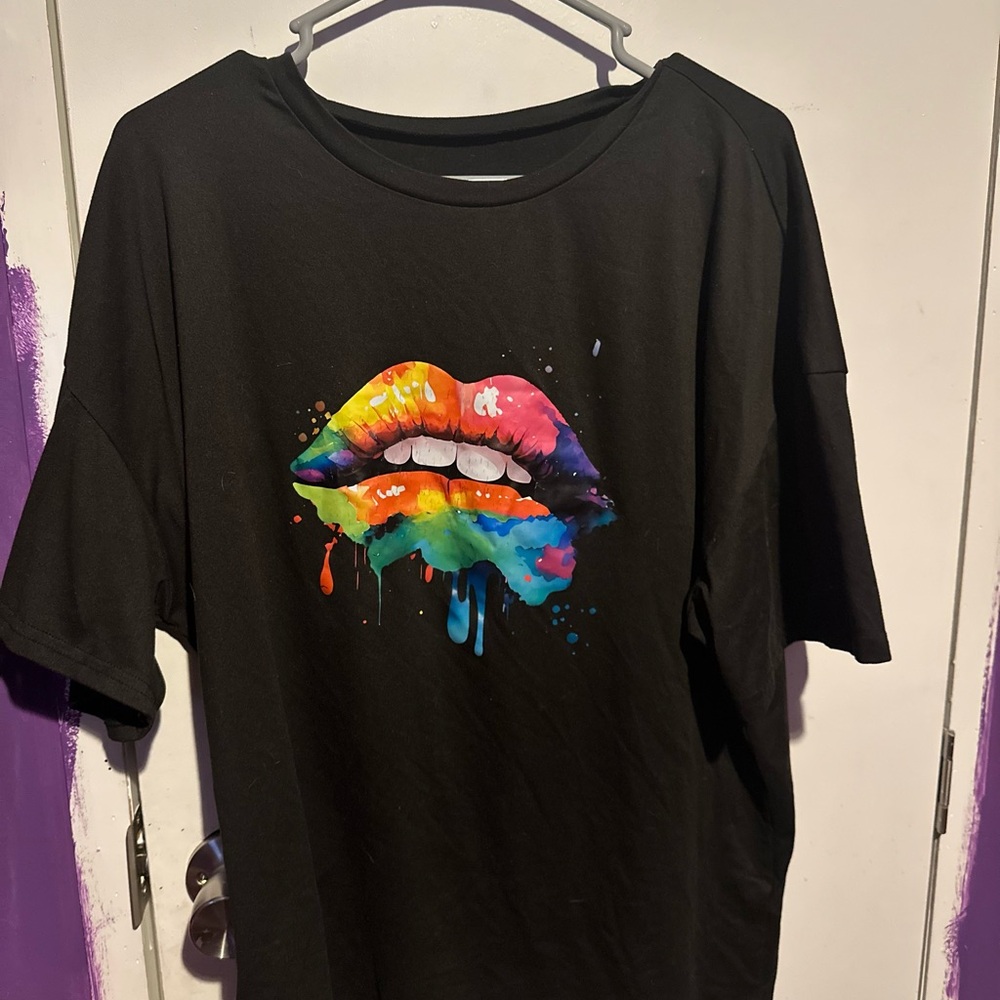 Black T-Shirt with Colorful Lips Design